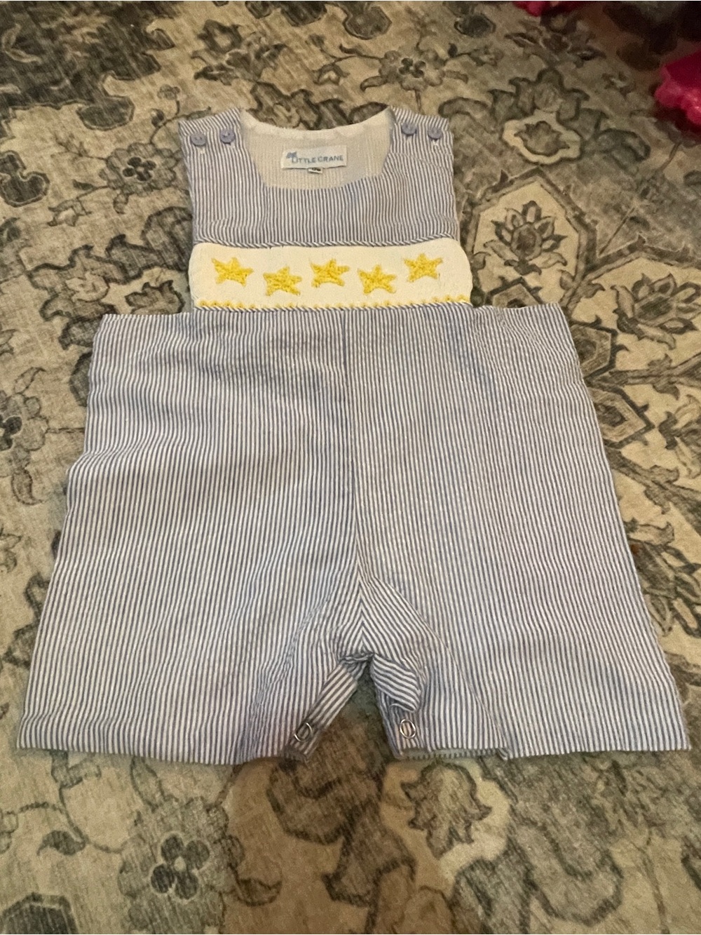 Smocked Blue-White Striped Overalls with Yellow Stars for Kids
